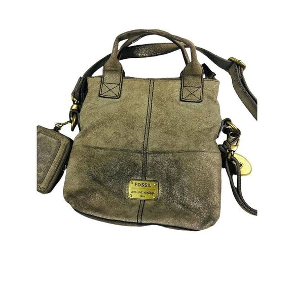 fossil suede gold metallic explorer crossbody hobo tote and coin change purse - Picture 2 of 12